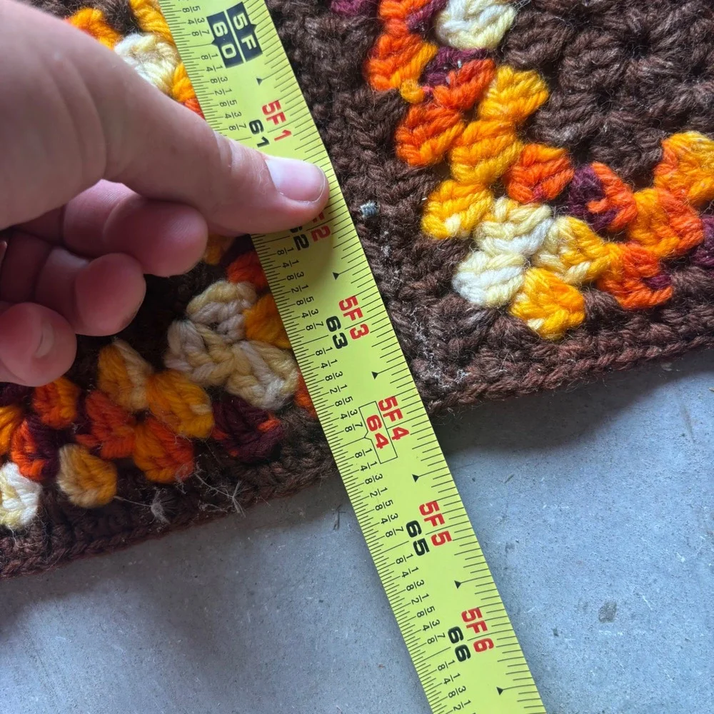 Vintage Handmade Crochet Granny Square Afghan Blanket Brown Orange Yellow 66x37